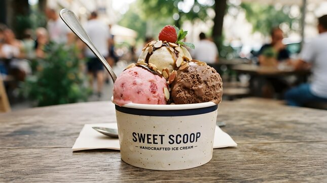 Scoops of Ice Cream in a Paper Cup. Delicious Frozen Dessert Serving, Sweet Summer Treat, Gelato, Creamy Cold Snack and Takeaway Ice Cream