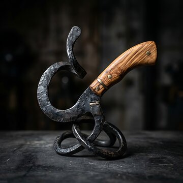 Hand-forged iron swirl sculpture with wooden handle.