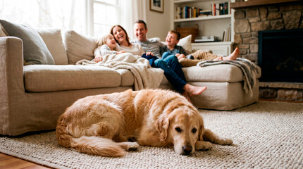Plakat Cute golden retriever dog resting on a rug in the foreground with a happy family relaxing on a sofa in a cozy living room background.