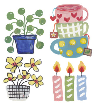 Potted Plants Mugs and Candles Elements Set Hand Drawn Watercolor