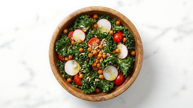Healthy kale and chickpea salad bowl top view.