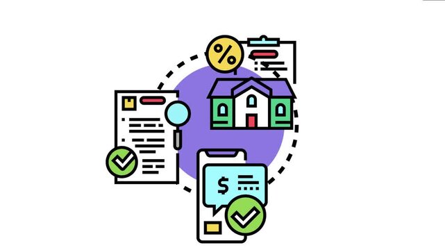 Real estate purchase approval concept featuring a building icon, loan documents with a magnifying glass, and mobile banking application validating the financial transaction