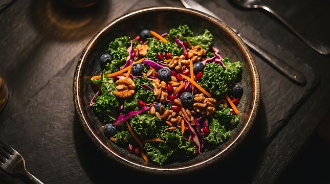 Healthy kale salad with nuts and blueberries