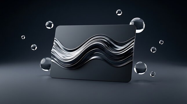 Abstract black credit card with liquid silver wave design and floating bubbles