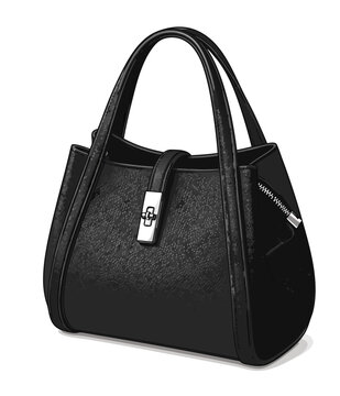 Elegant black leather handbag vector illustration isolated on white background. Luxury women shoulder purse fashion mockup graphic element for shopping, store catalog, banner, and online shop design.