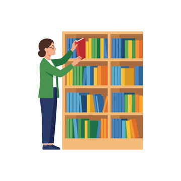Flat vector illustration of a woman choosing a book from a wooden library bookshelf in a bookstore