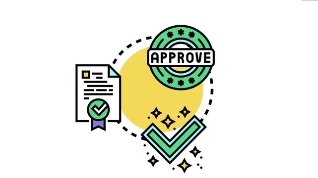 Approved certificate concept a document with an approval ribbon, a stamp saying approve, and a large green checkmark indicating successful validation and quality