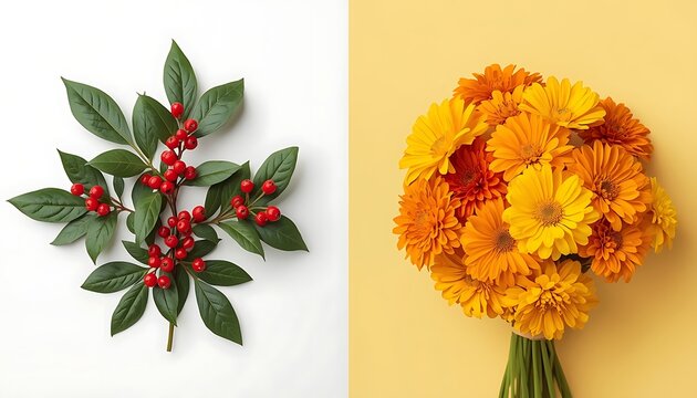 A beautifully arranged paper craft of red berry leaves contrasted with a vibrant bouquet of orange and yellow flowers