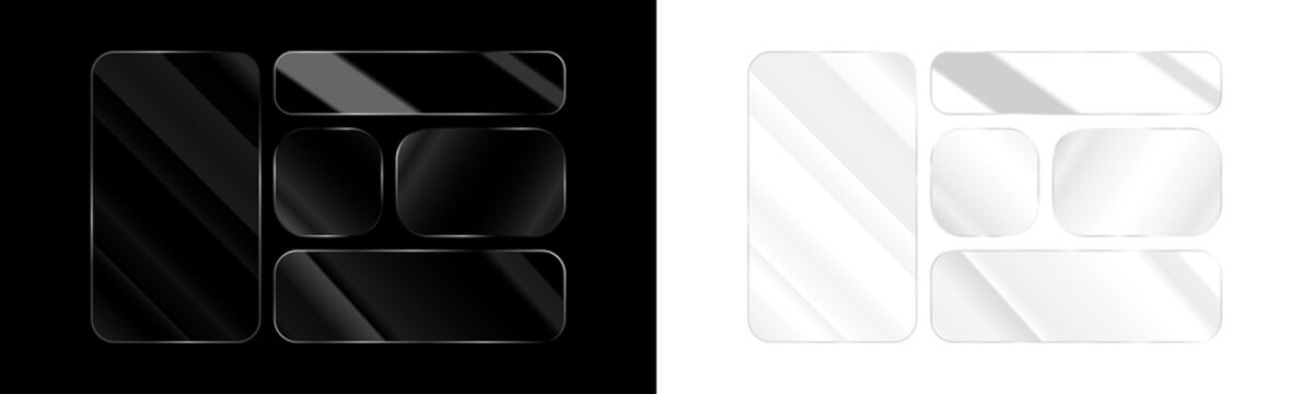 Modern glassmorphism UI panel set with transparent reflections and sleek rounded rectangles for tech app interfaces and digital design projects