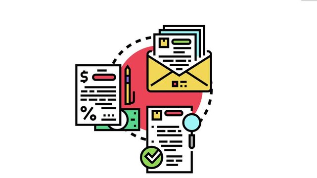 Business agreement documentation with financial terms, legal parameters, and official approval process, symbolizing important deal finalization using an envelope, documents, pen, and a checkmark