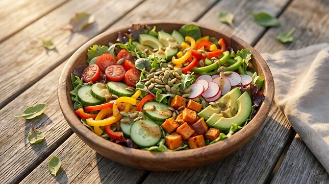 Healthy vegetable grain bowl on rustic wood.
