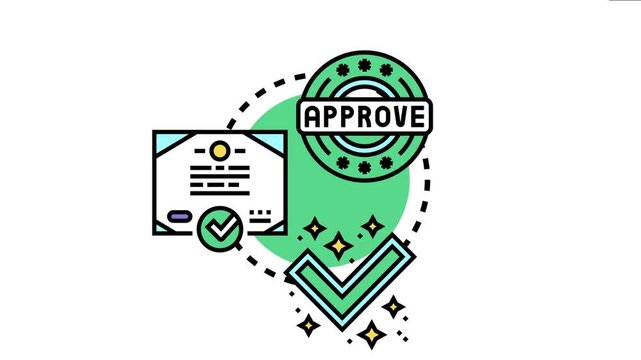 Approved credential concept showing a certification document, a stamp of approval, and a large checkmark symbolizing successful authorization and quality standard
