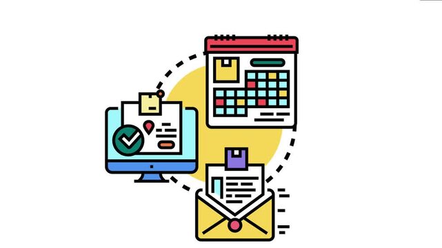 Approved delivery dispatch icon concept illustrates an efficient system for managing and tracking packages through online ordering, scheduling, and email communication
