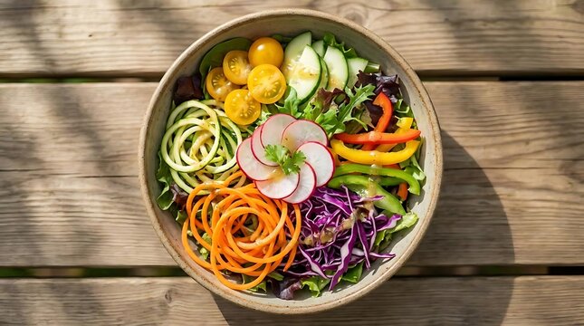 Healthy vegetable salad bowl with colorful spiralized ingredients.