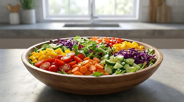 Healthy vegetable salad in bowl on kitchen counter.
