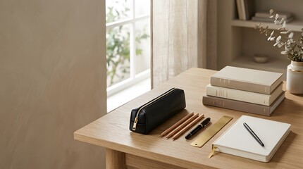 Fototapeta premium Premium minimalist Back to School advertising background, elegant beige desk surface, neatly arranged hardcover books, premium black pencil case, wooden pencils, ruler, notebook and subtle graduation 