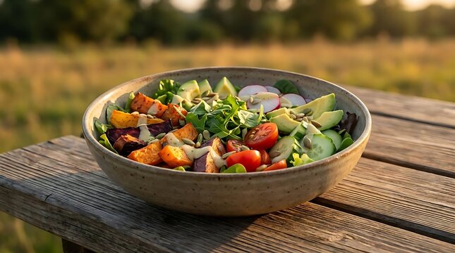 Healthy vegetable salad in bowl on wooden outdoor table.