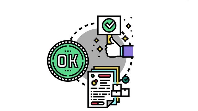 Business concept official document approval and execution, with a hand holding a checkmark sign, an ok stamp, and various papers, signifying completion, validity, and success