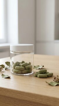 Herbal green supplements in clear glass jar on wood.