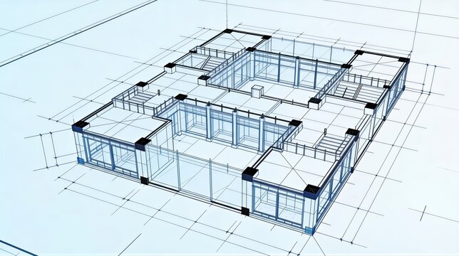 Architectural blueprint showing a detailed transparent building floor plan with rooms, stairs, structural framing, and measurement grid for construction design and planning