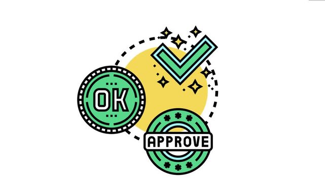Approval process icon representing authorization, document verification, successful completion, and quality assurance, featuring a checkmark, ok button, and approve stamp
