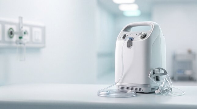 Portable oxygen concentrator machine with nasal cannula mask resting on medical table in bright hospital room