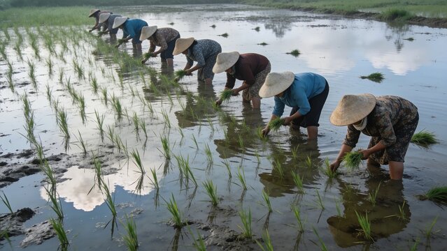 Group of women farmers planting rice seedlings in a flooded paddy field