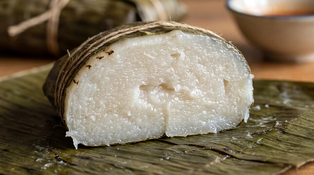 Sliced Kwanga Steamed Cassava Bread Wrapped in Banana Leaf Close-Up