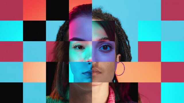 Diverse faces changing inside colorful mosaic in stop motion. Concept of diversity, inclusion, multicultural identity, equal representation and social awareness campaigns.