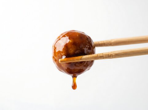 A single delicious meatball glazed in a glossy, savory brown sauce held by wooden chopsticks, isolated on white background