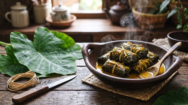Taro leave soup on table, indonesian food, buntil daun talas