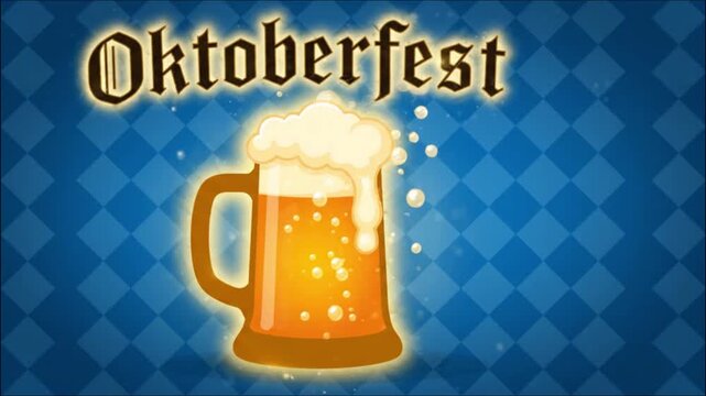 Beer mug illustration displays glowing golden ale with foamy head under Oktoberfest text on blue checkered background.