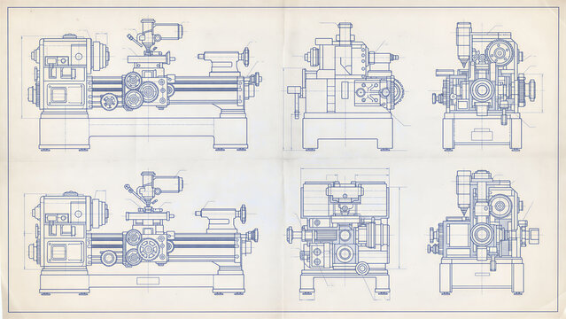 Technical blueprint showing multiple views of an industrial metal lathe machine with gears, dimensions, and mechanical components for engineering design and manufacturing reference