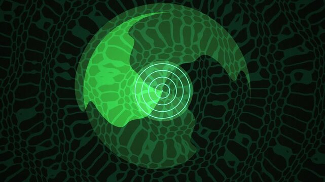 Abstract green energy sphere pulsing with concentric rings over a dark organic cellular pattern suggesting futuristic biology or network communication systems for scientific research and