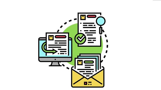 Selection process diagram a document being reviewed, approved, and then delivered or submitted, representing decision making in business, recruitment, or online communication workflow