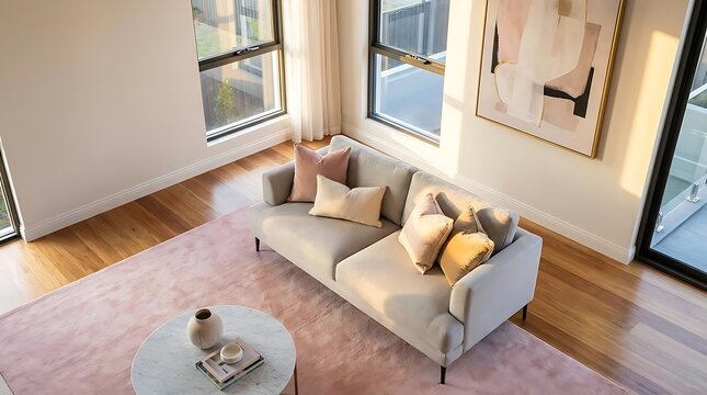 High angle view of modern apartment living room.