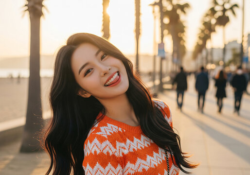 young woman wear orange shirt standing beside beige wall. asian teenager posing outdoors