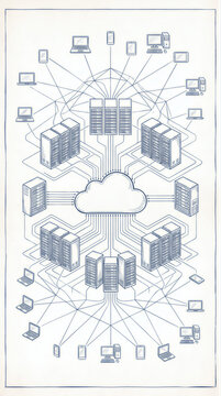 Blueprint diagram of cloud computing network connecting data servers and digital devices. Information technology infrastructure architecture for storage, communication, and distributed data