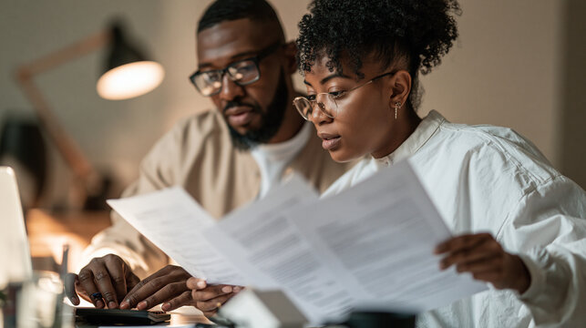 Married couple reviewing mortgage figures together immediately before signing their home purchase documents, one spouse quietly checking calculations on a calculator while the