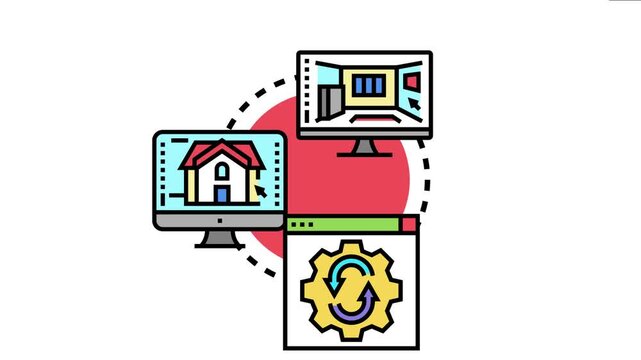 Digital screens connect in a cyclical workflow, design, modeling, and approximate rendering as essential steps in creative architectural visualization and project development