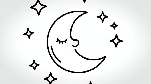Cute sleeping crescent moon icon surrounded by stars, simple line art animation, represents nighttime, dreams, sleep, space, fantasy