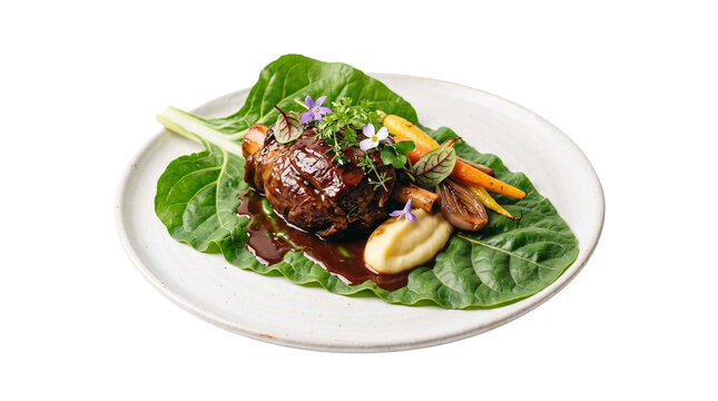 Gourmet braised lamb shank with red wine jus, roasted carrots and mashed potatoes on chard leaf, fine dining plated meat dish isolated PNG with Transparent Background