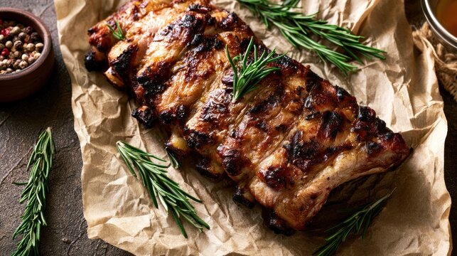 Juicy grilled pork ribs with rosemary and peppercorns on parchment paper