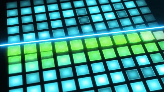 MIDI grid controller features illuminated blue and green pads with a bright light beam across the surface.