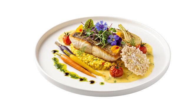 Gourmet pan-seared white fish fillet with saffron risotto. Elegant seafood entree with roasted carrots and edible flowers. Fine dining fish plate. isolated PNG with Transparent Background