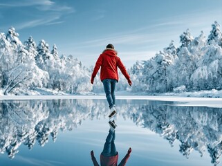 Obraz premium Person walks on frozen water surrounded by snow-covered trees in winter landscape