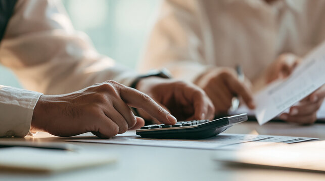 Mortgage broker explaining how a change in interest rates could affect a borrower&rsquo;s monthly mortgage payment, advisor using a calculator and a simple printed repayment comparison
