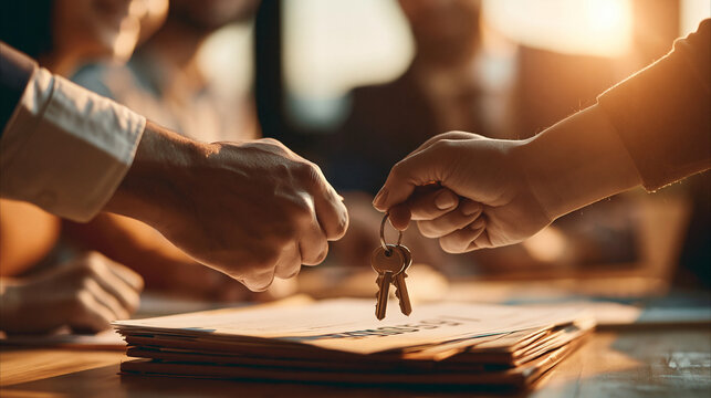 Final stage of a home loan closing: loan officer hands real house keys across the table to the buyers only after the signed mortgage documents have been completed and stacked