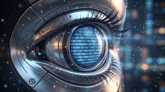 Intricate mechanical robotic eye showing glowing blue binary code data inside pupil with metallic plating and soft bokeh city lights in background highlighting advanced bionic technology
