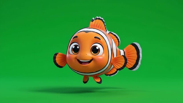 Adorable Cartoon Clownfish Character with Big Eyes and Friendly Smile on Green Screen Background, Ocean Life Animation Concept
